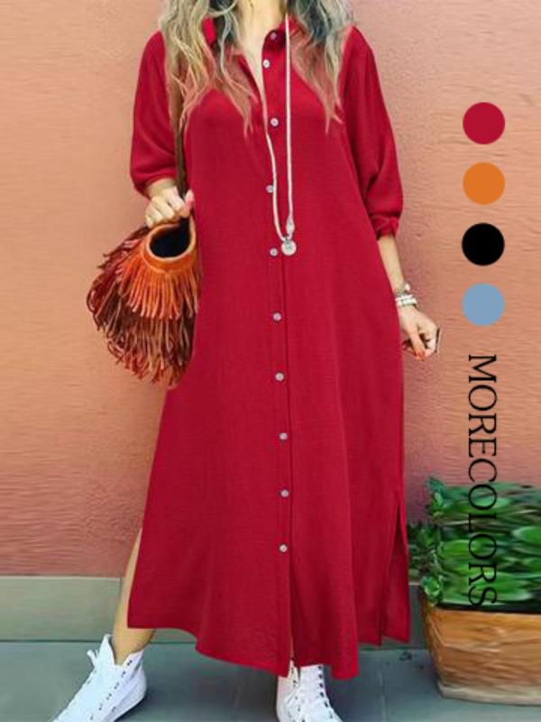 Women's Plain Button Shirt Collar Long Sleeve Dress, Casual Fashion Collared Long Dress for Daily Outdoor Wear, Women Dress for Spring & Summer, Classy Modest Dresses, Womenswear