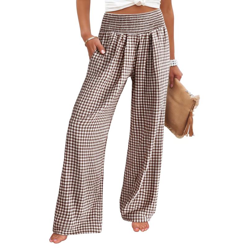 Women’s Gingham High-Waist Palazzo Lounge Pants with Pockets