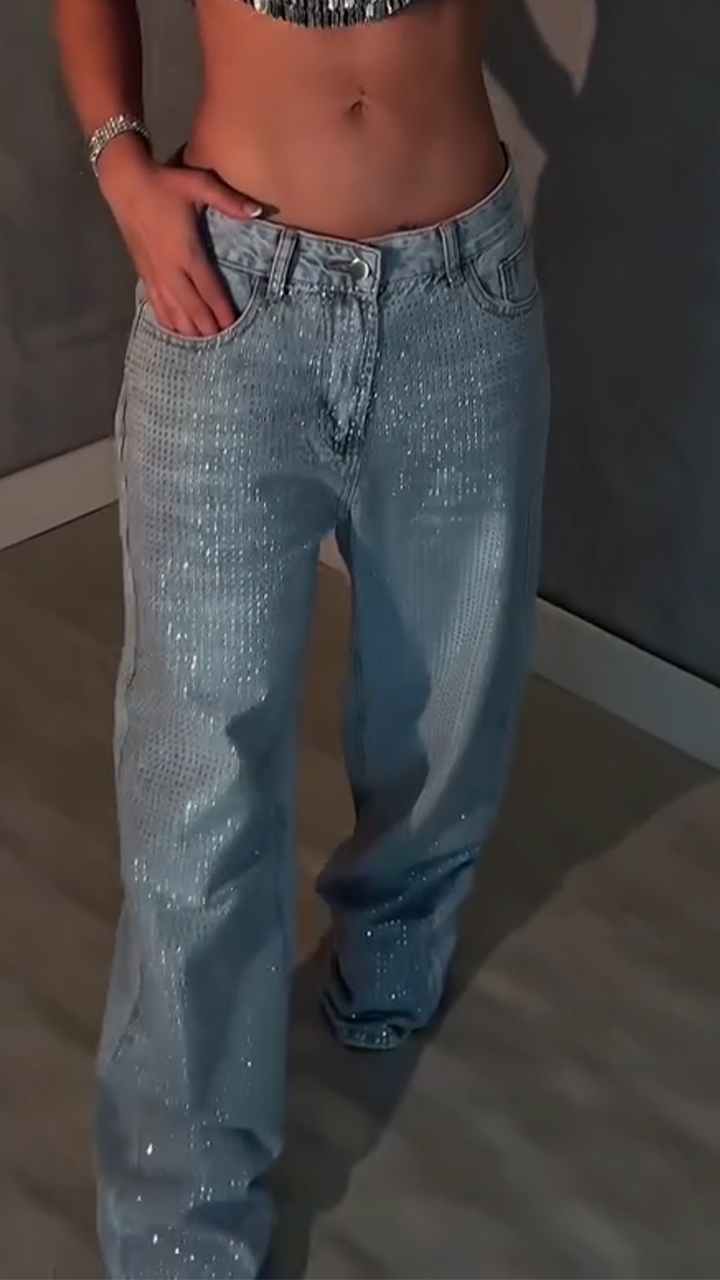 Women Rhinestone Washed Casual Jeans