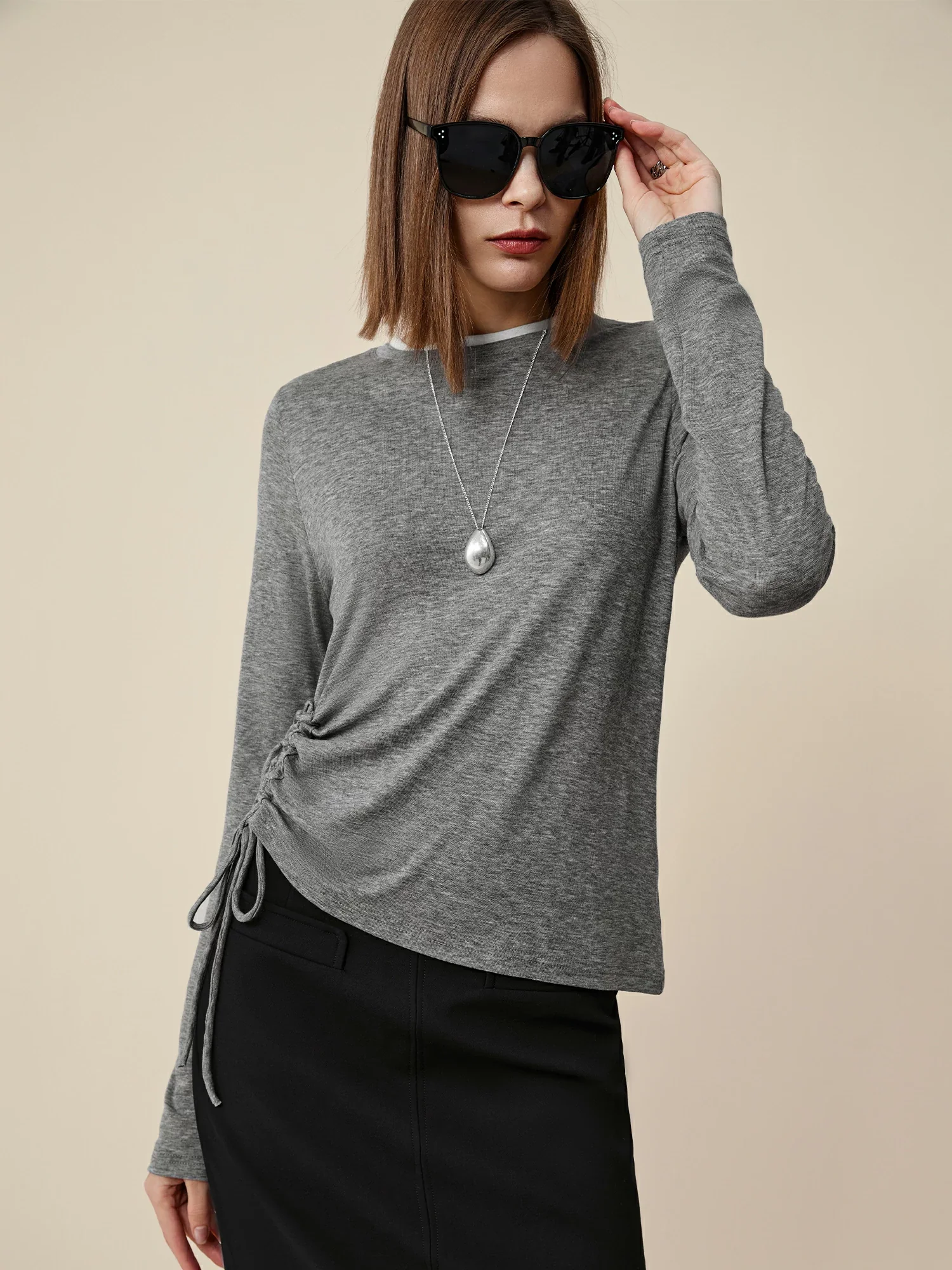 Lyocell & Wool Round Neck Long Sleeve Drawstring T-Shirt