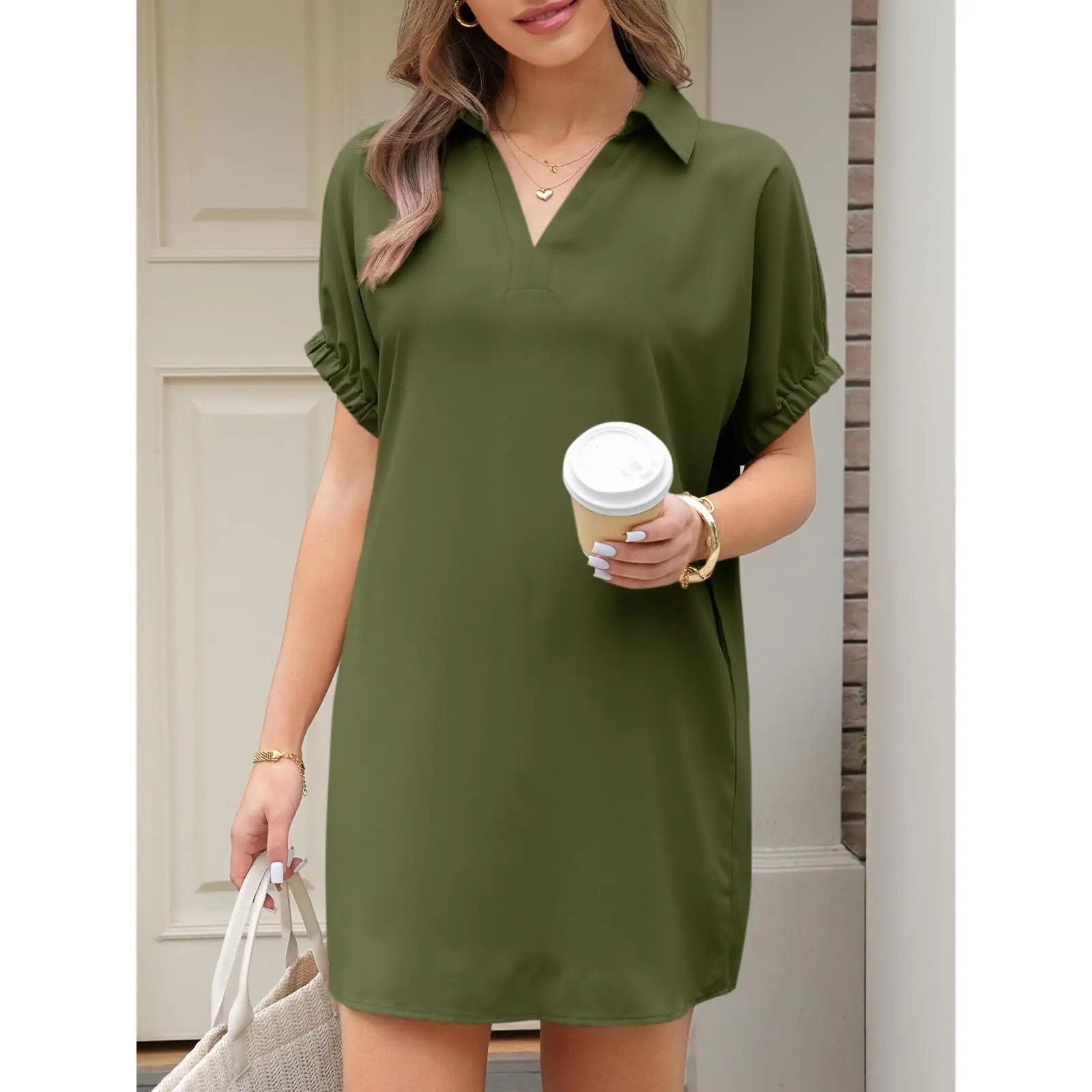 Women’s V-Neck Pleated Shirt Dress – Casual Summer Essential