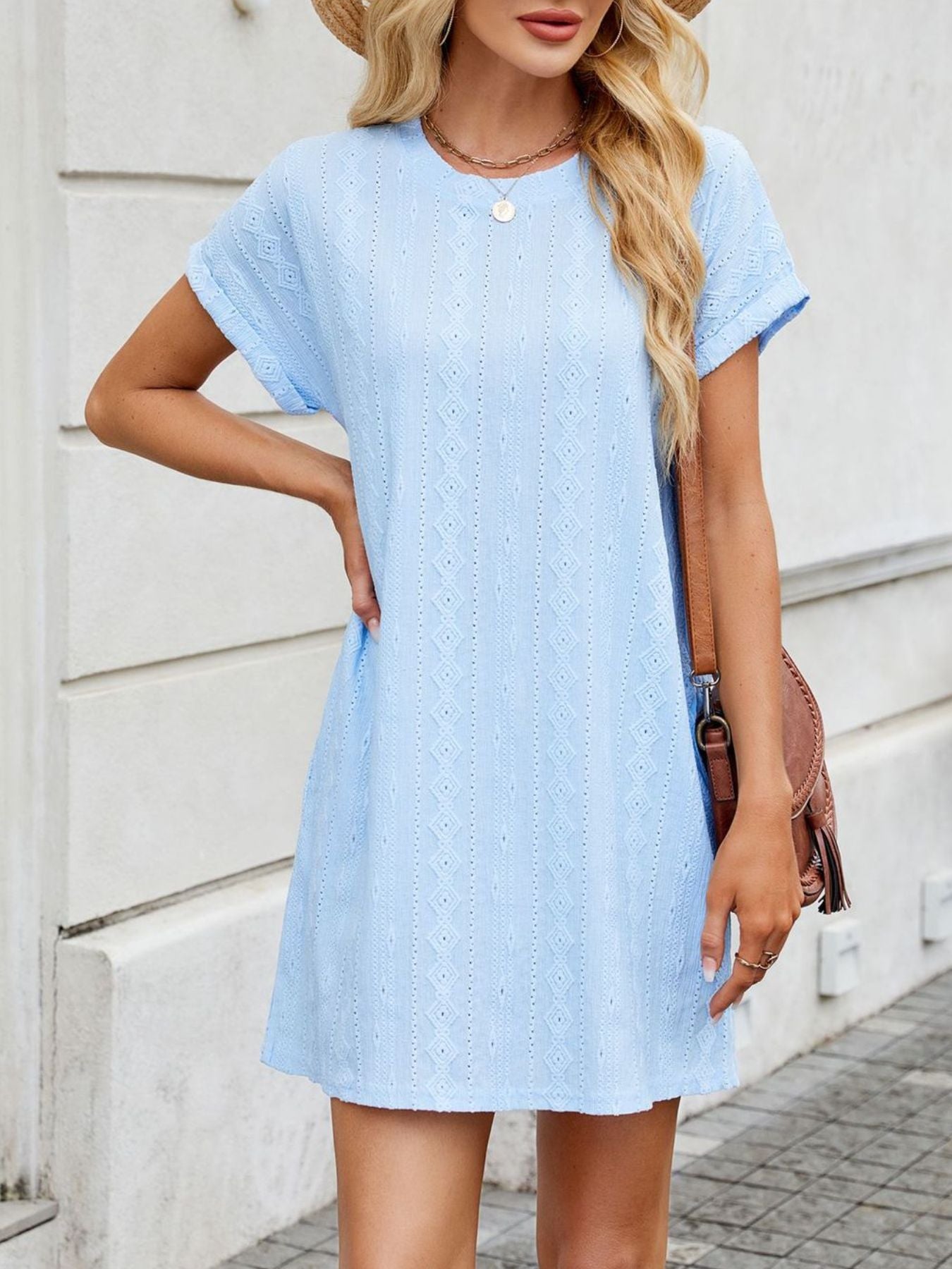 Eyelet Round Neck Casual Mini Dress