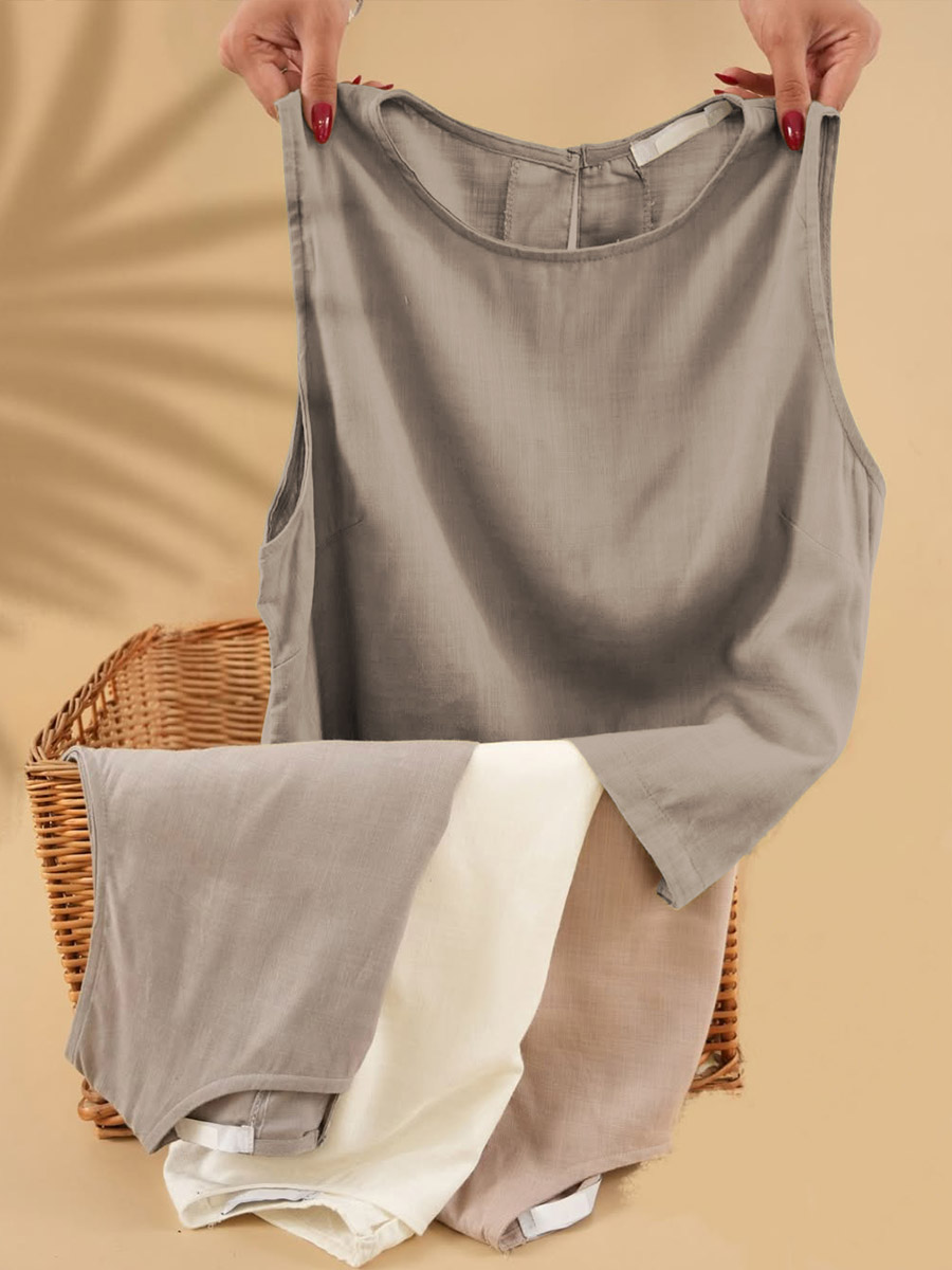 Women's Solid Color Round Neck Sleeveless Casual Linen Vest Top