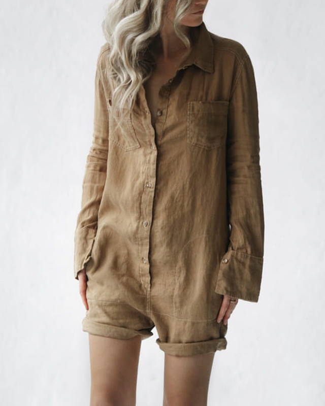 Casual Loose Cotton and Linen Women's Shirt Jumpsuit Shorts 8ad6