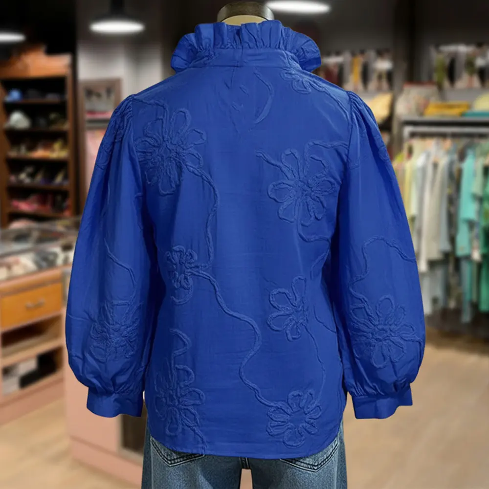 Cherrybetty 100%Cotton Elegant Embroidered Flower Ruffle Neck Puff Sleeve Cotton Top Women Casual Style Vintage Blouse Cute Fall Outfits for Womenswear