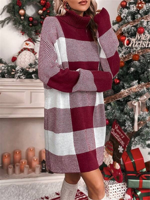 Contrast Color Plaid Long Sleeves Loose High Neck Sweater Dresses Mini Dresses