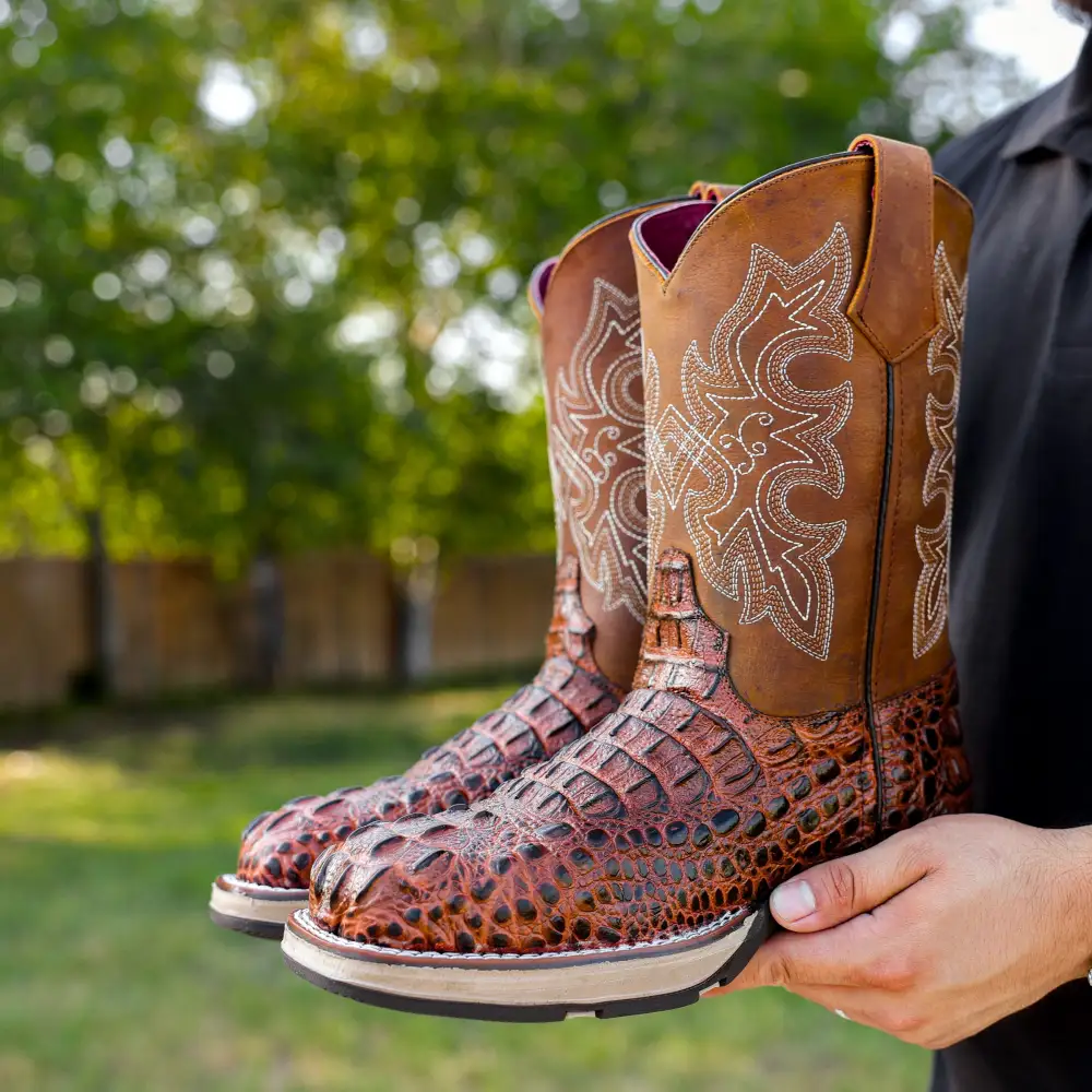 Cognac Caiman Neck Leather Boots With 3D Lightweight Sole - Composite Toe