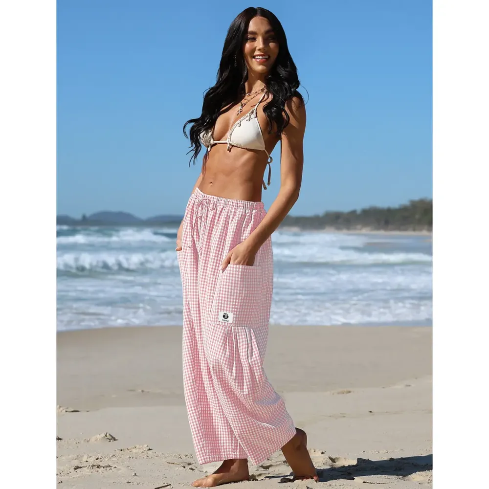 Womens Wide Leg Gingham Striped Plaid Pants