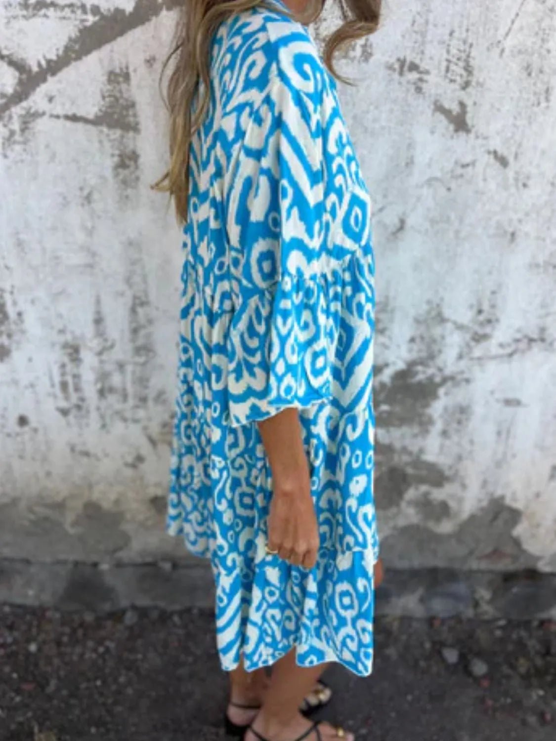 Plus Size Ethnic Print Notched Half Sleeve Midi Dress