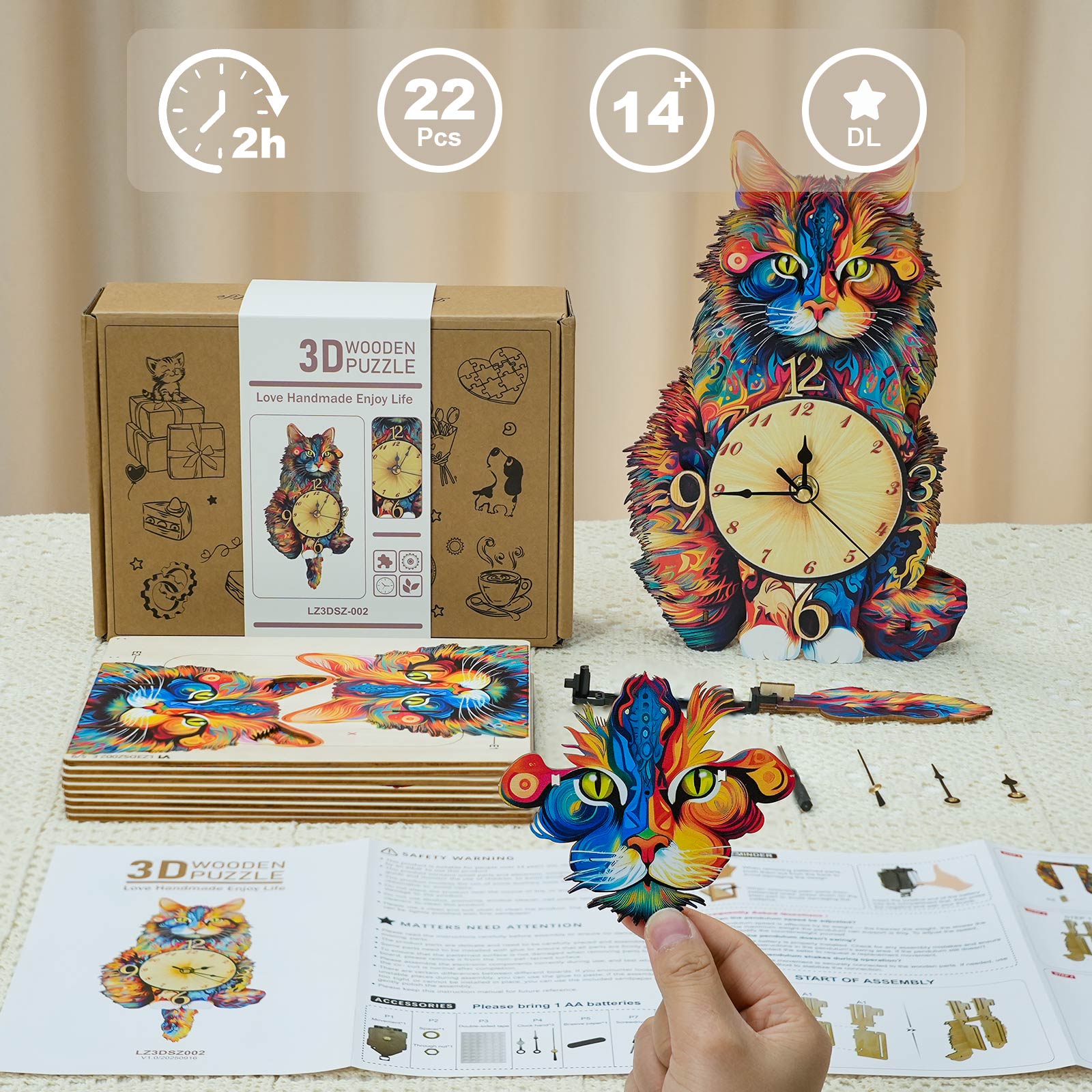Maine Coon â€“ DIY Wooden Clock, 3D Puzzle Craft Kit