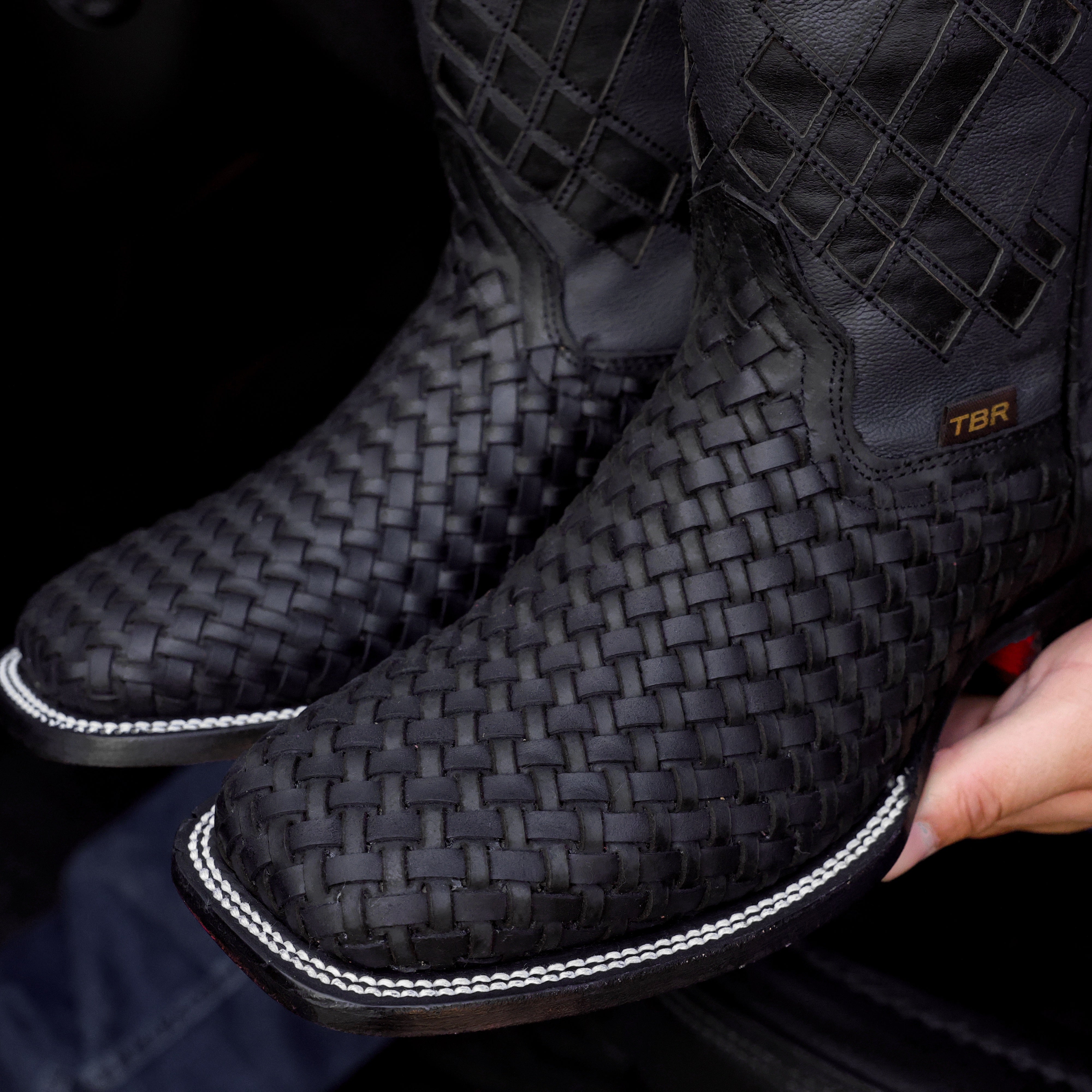 Black Basketweave Leather Boots - Square Toe