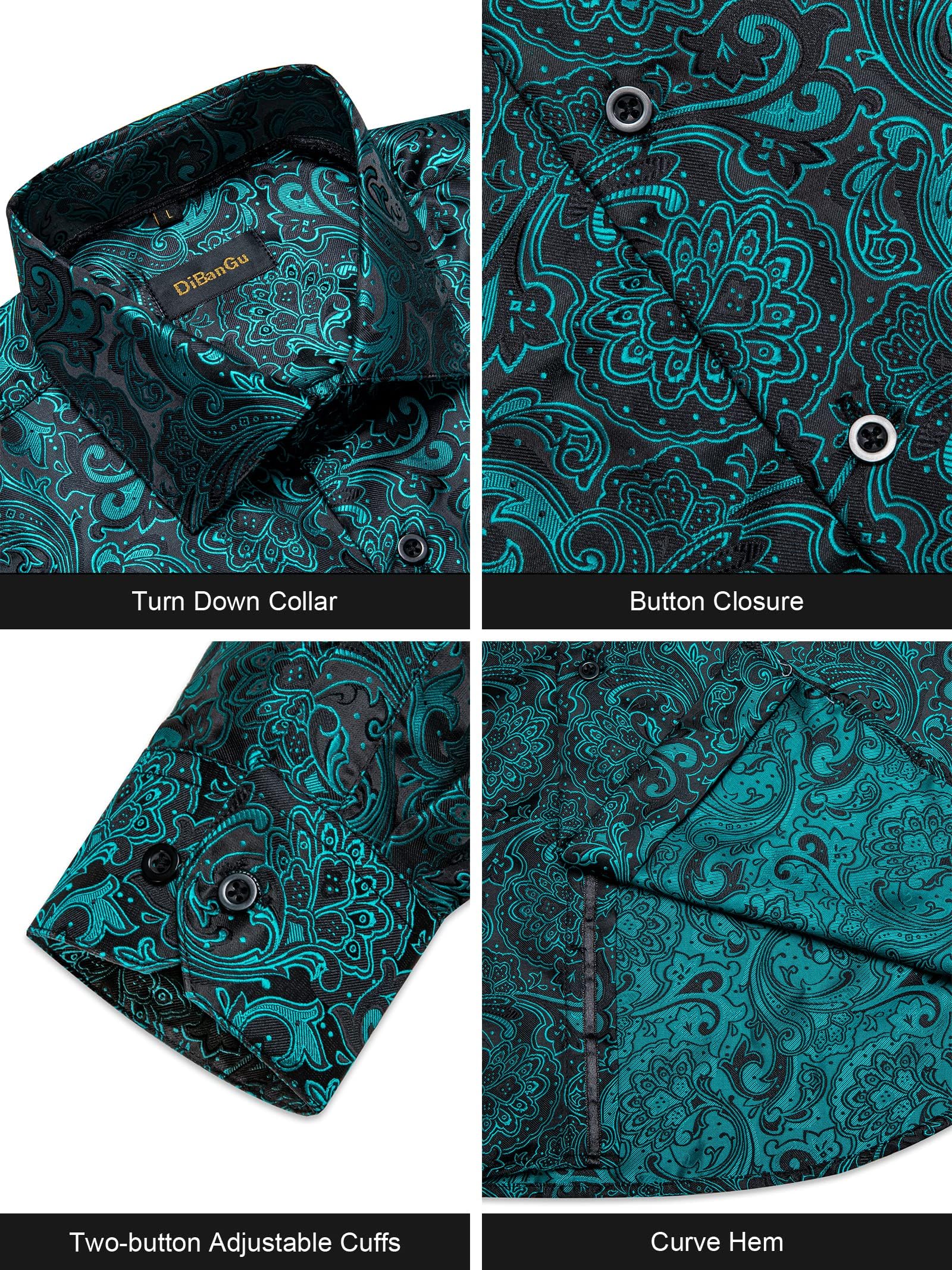 Men's Paisley Dress Shirt Long Sleeve Wrinkle Free Button Down Cowboy Shirts - Black&teal&paisley