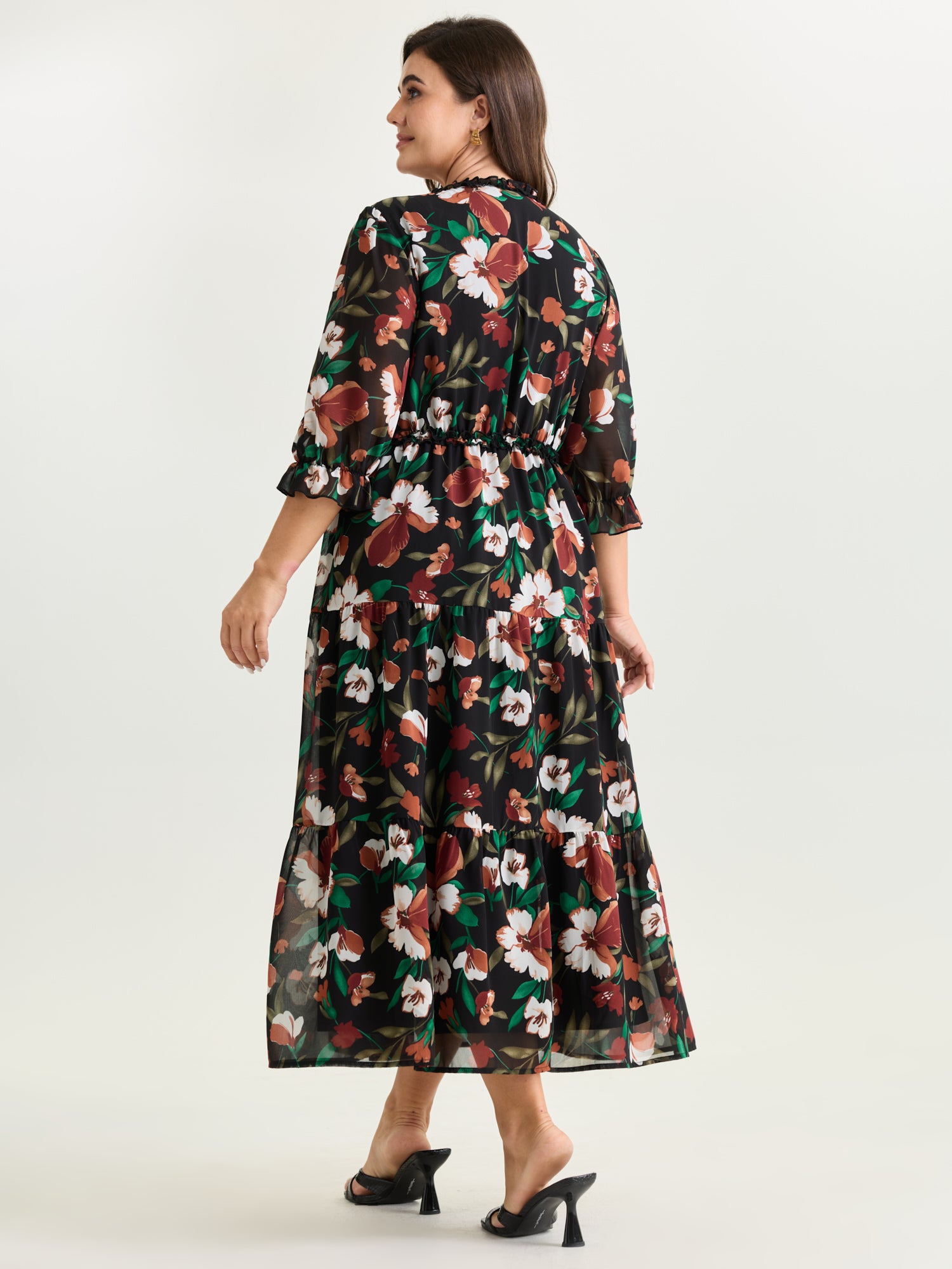 Romantic Floral Print Ruffled Edge Maxi Dress
