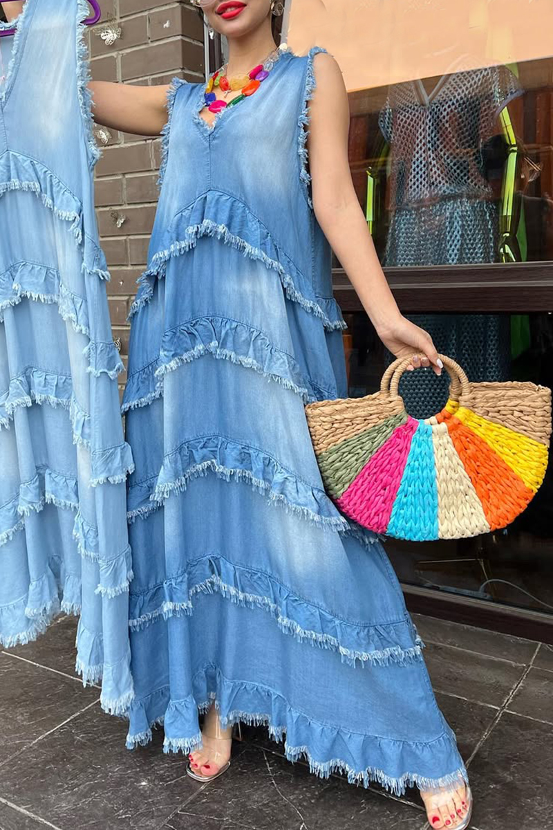 Women's V-neck Multi-layered Stitching Tassel A-line Denim Dress