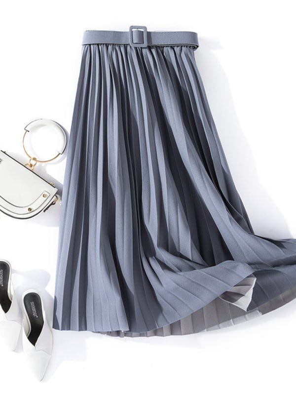 Pleated Skirt Mid-Length High Belt Versatile A-Line Skirt