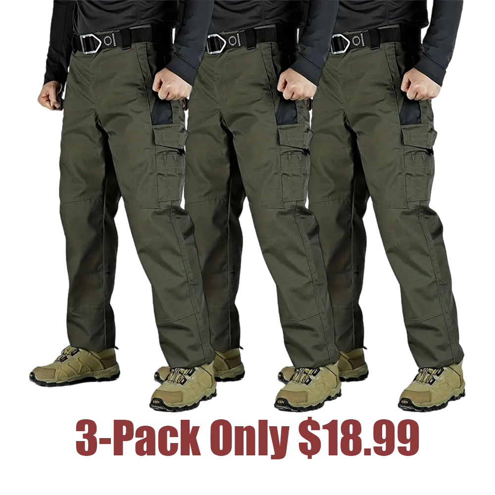 Men's Solid Color Tactical Work Pants with Multiple Pockets and Zipper Closures, Durable Outdoor Training Pants