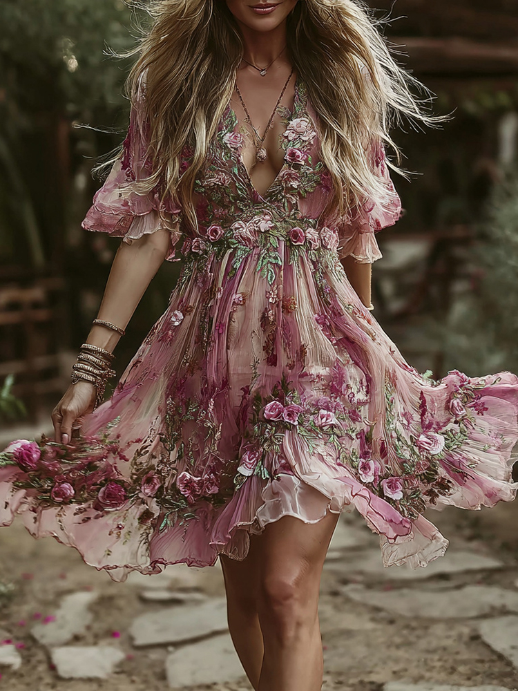 Women's Vintage Rose Floral Embroidery Casual Short Sleeve Dress