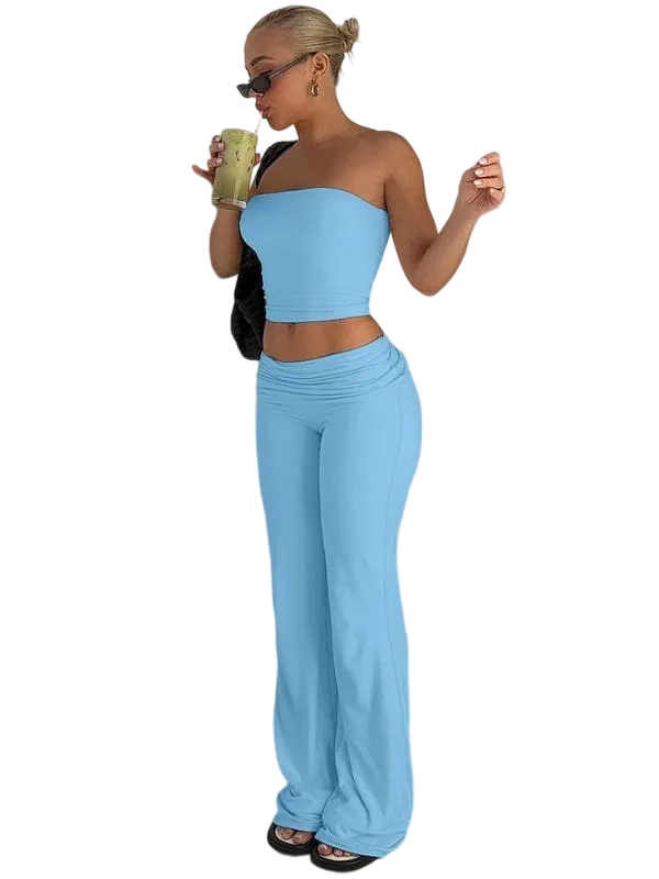 Two-Piece Set Women's Solid Crop Tube Top & Foldover Waist Flare Leg Pants