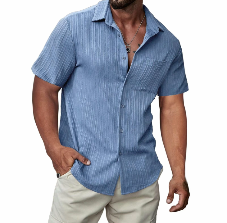 Men's Casual Short-Sleeve Hawaiian Shirt - Textured Button-Down Beach Shirt with Pocket for Summer