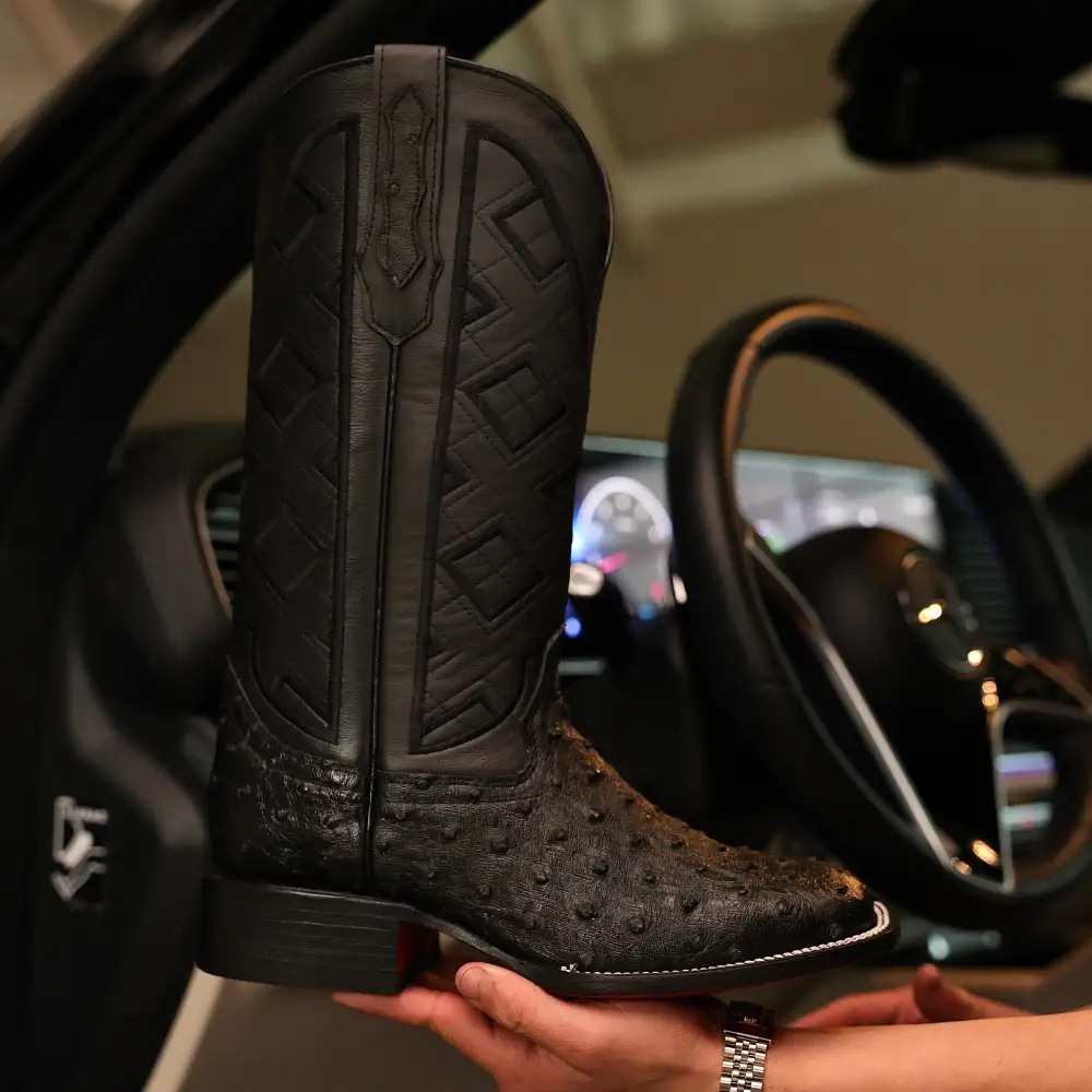 Black Ostrich Leather Boots - Square Toe