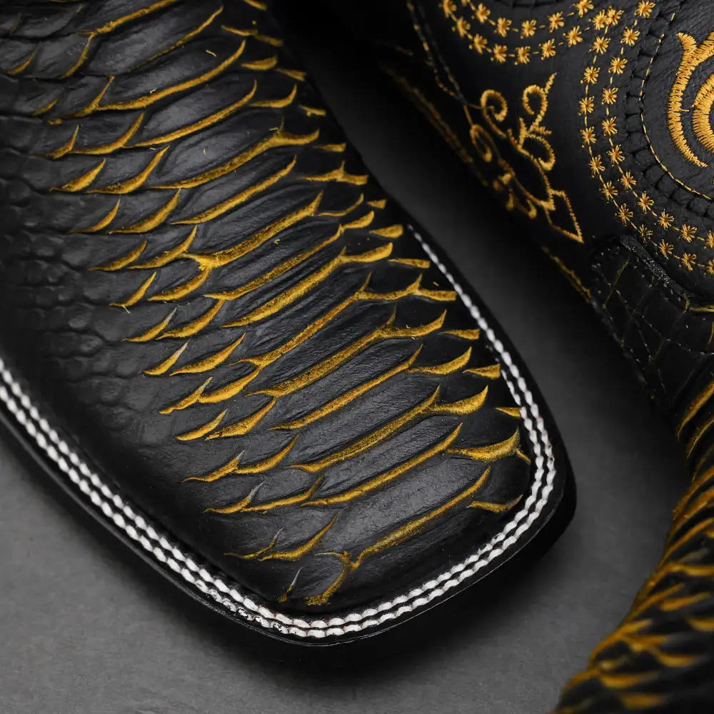Black/Yellow Python Leather Boots - Square Toe