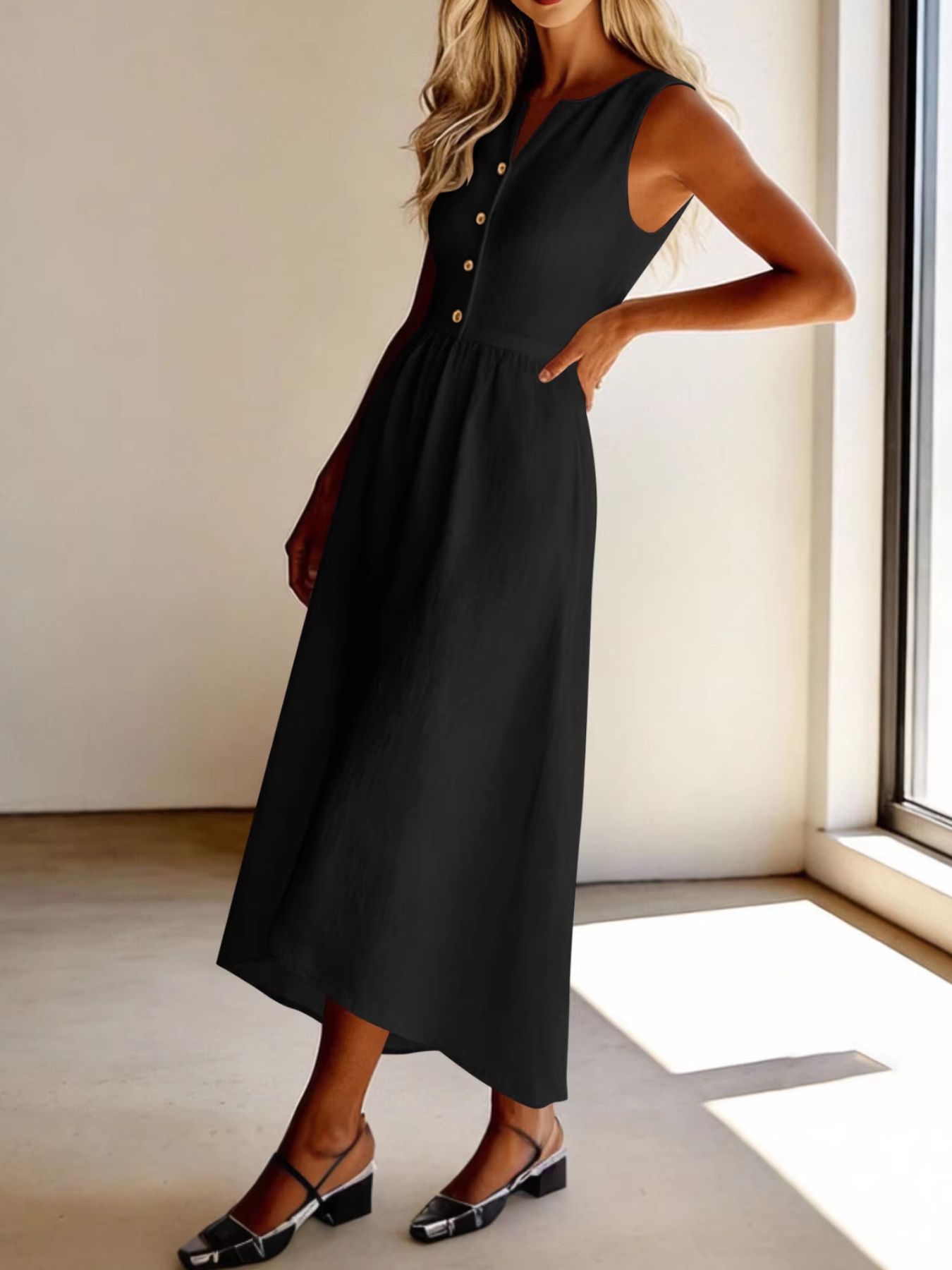 Sleeveless Button Front Flowy Midi Dress