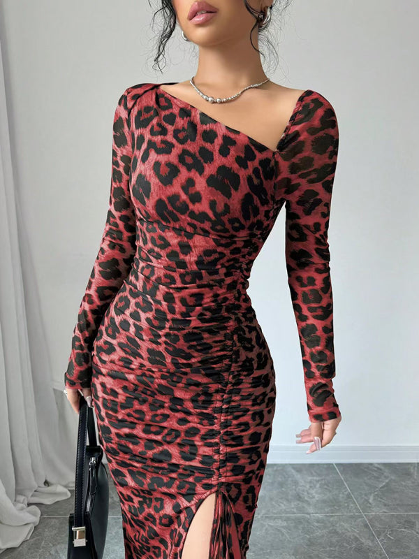 New Women's Round Neck Long Sleeve Leopard Print High Waist Hottie Dress