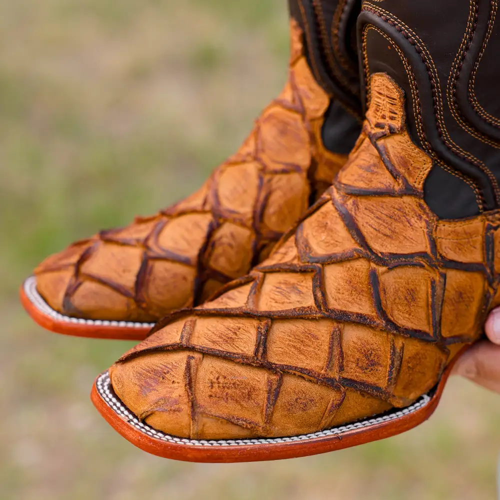 Matte Rustic Honey Pirarucu Leather Boots - Square Toe