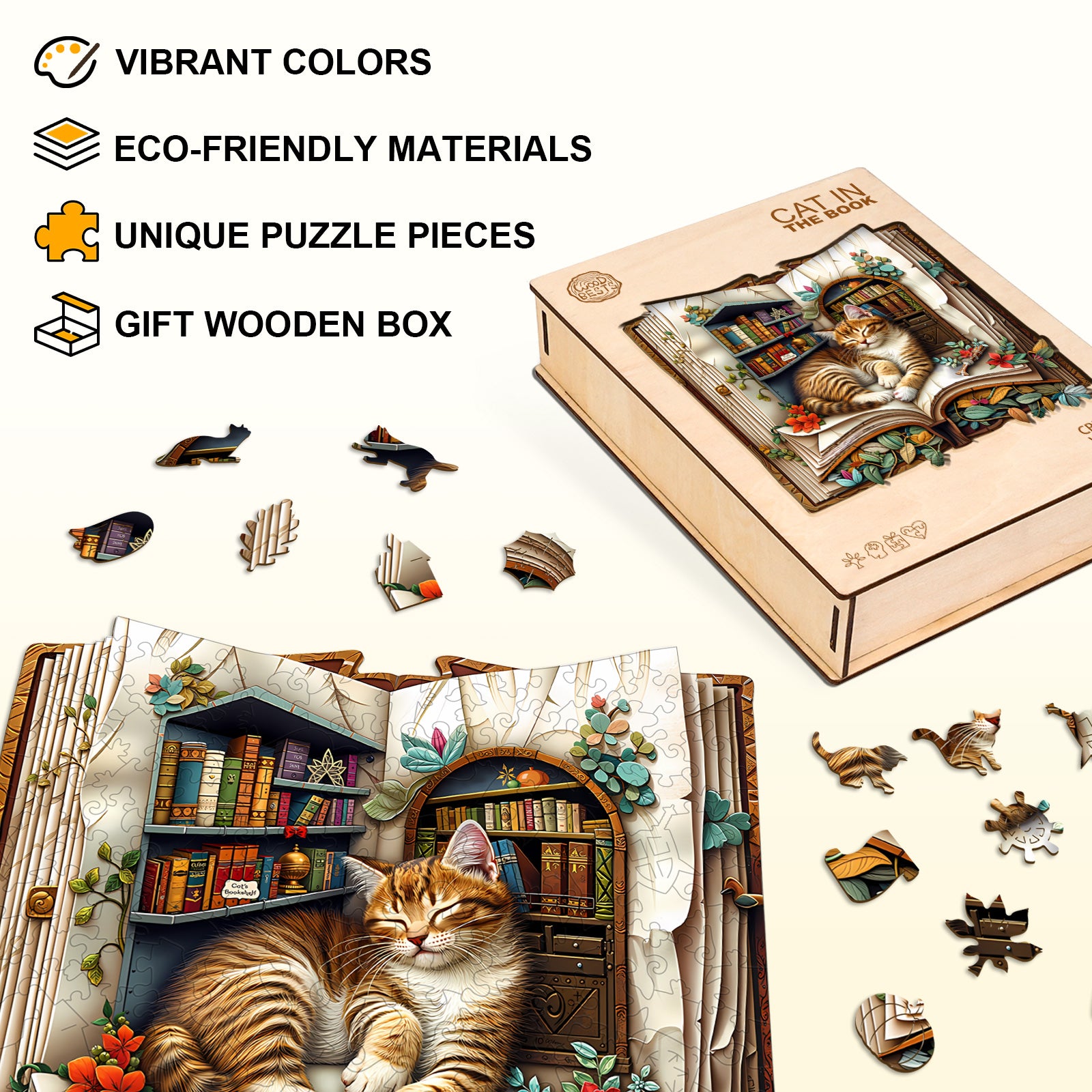 Cat in the book Wooden Jigsaw Puzzle