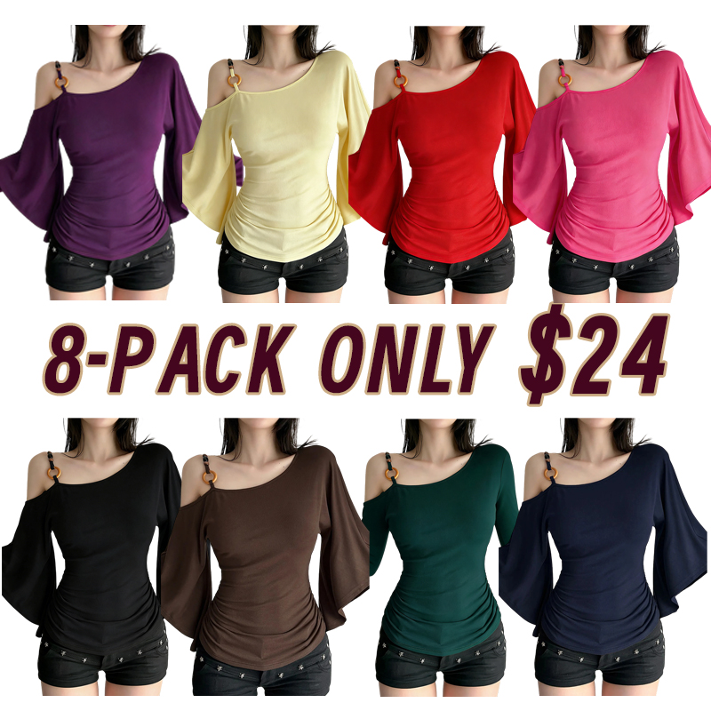 Women’s Retro Ethnic Beaded Asymmetrical Shoulder Flounce Sleeve Flared Top