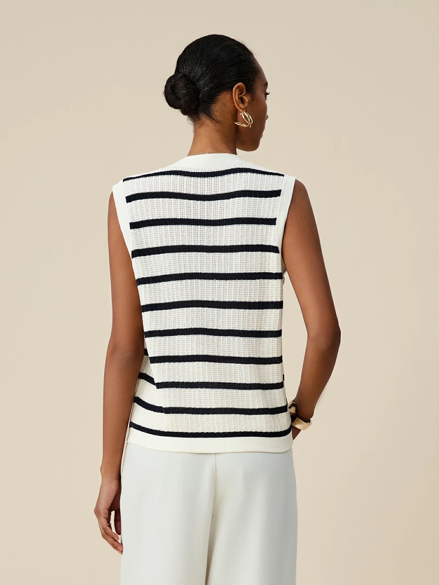Lyocell & Linen V-Neck Sleeveless Striped Knitted Vest
