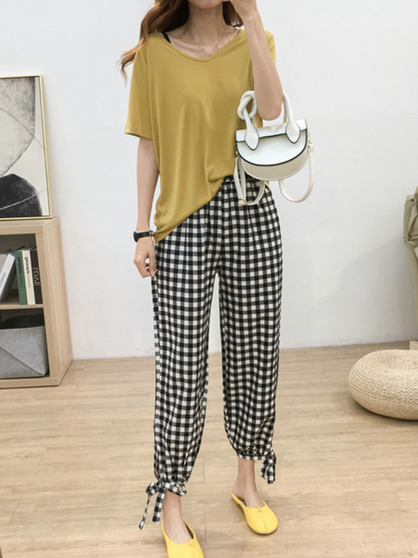 Solid Color Loose Short Sleeves U-Neck T-Shirts Tops