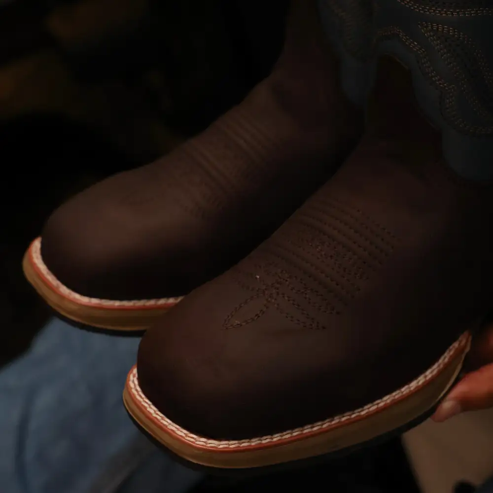 Chocolate Brown Leather Work Boots With Blue Shaft - Square Toe