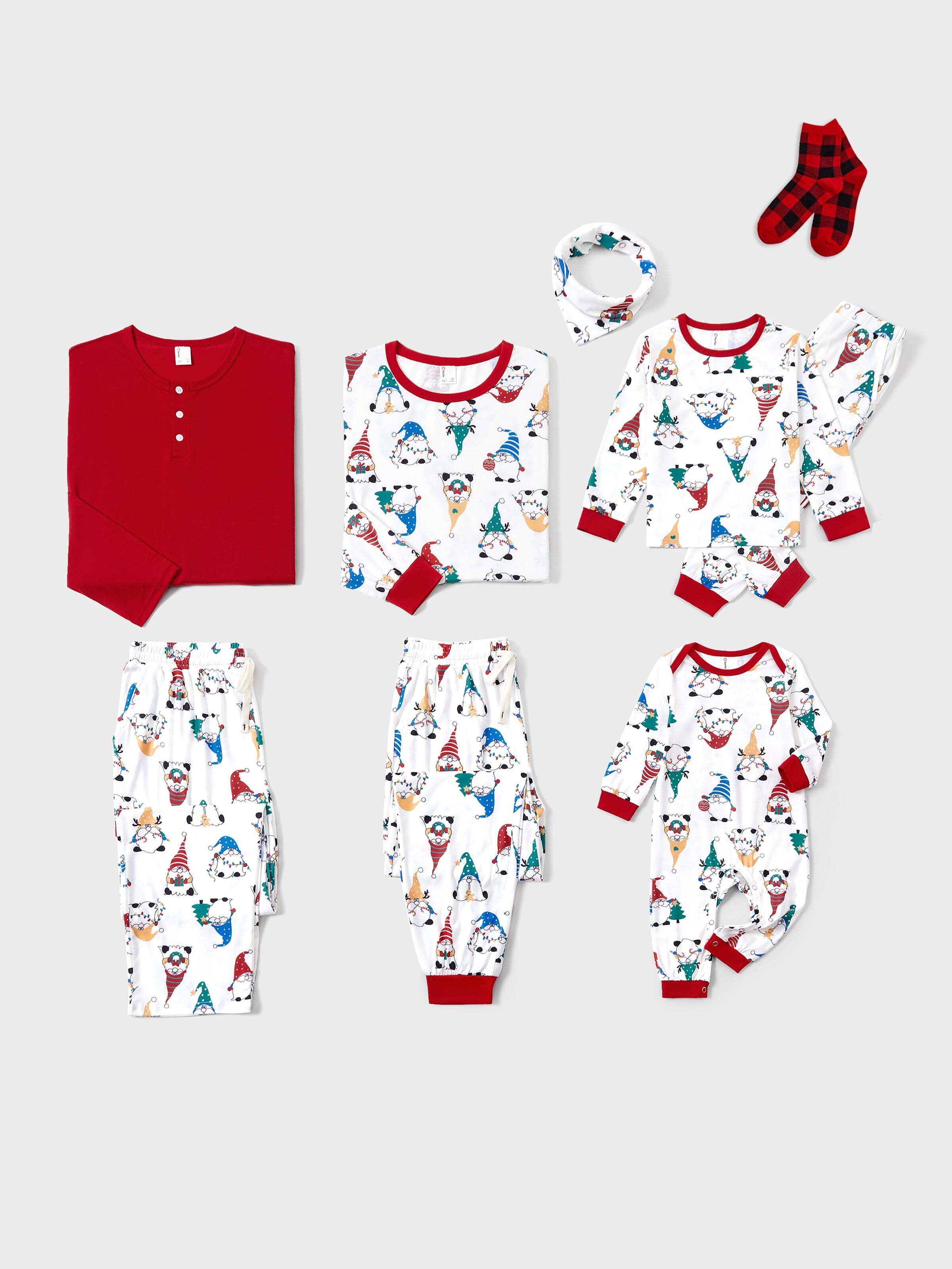 Christmas Matching Family Pajamas Set Christmas Gnome Print PJS with Christmas Socks Red