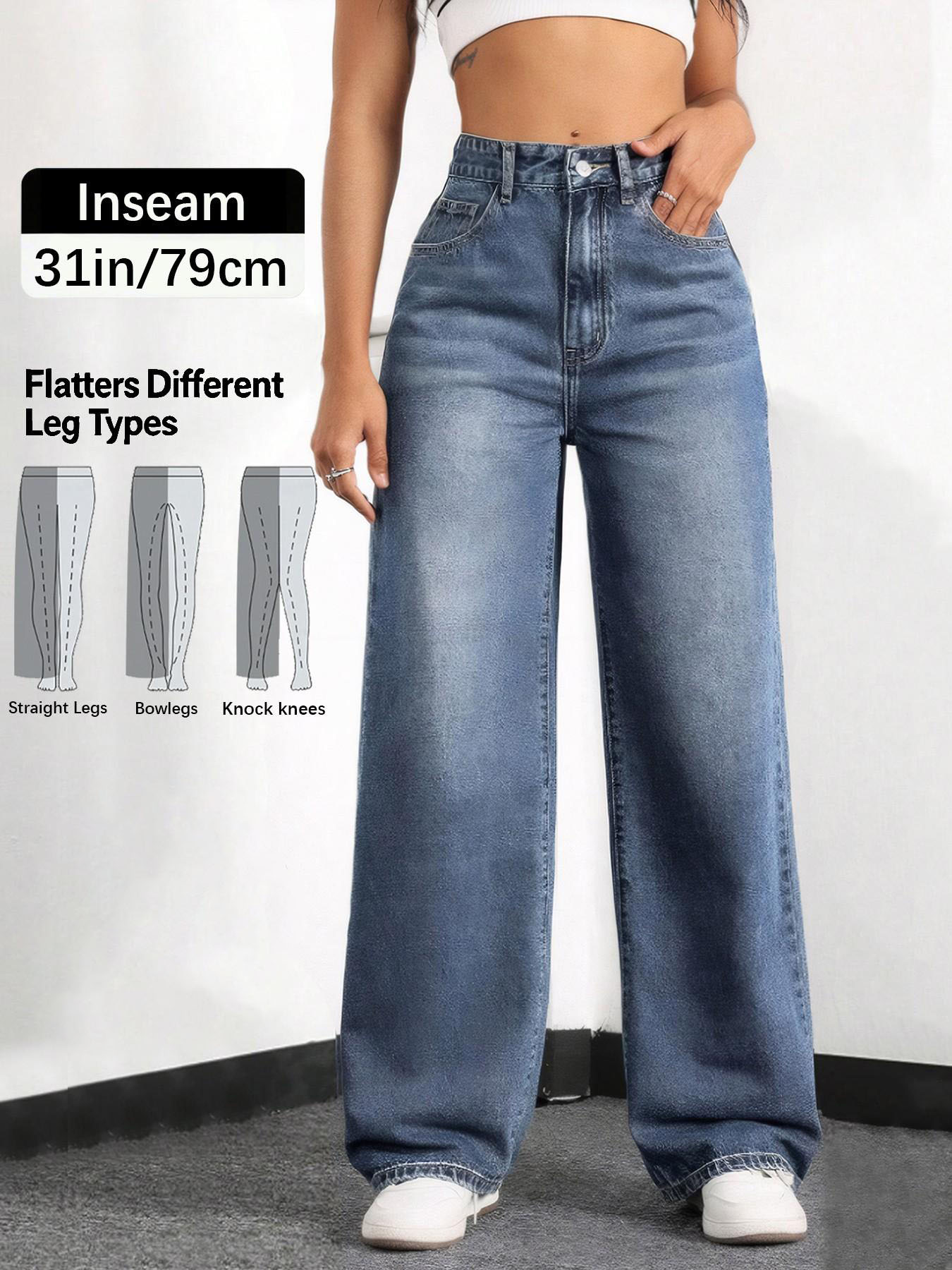 Women’s Elastic Waist Stacked Denim Jeans – Button Front, Pockets, High-Waisted Casual Straight Leg Pants