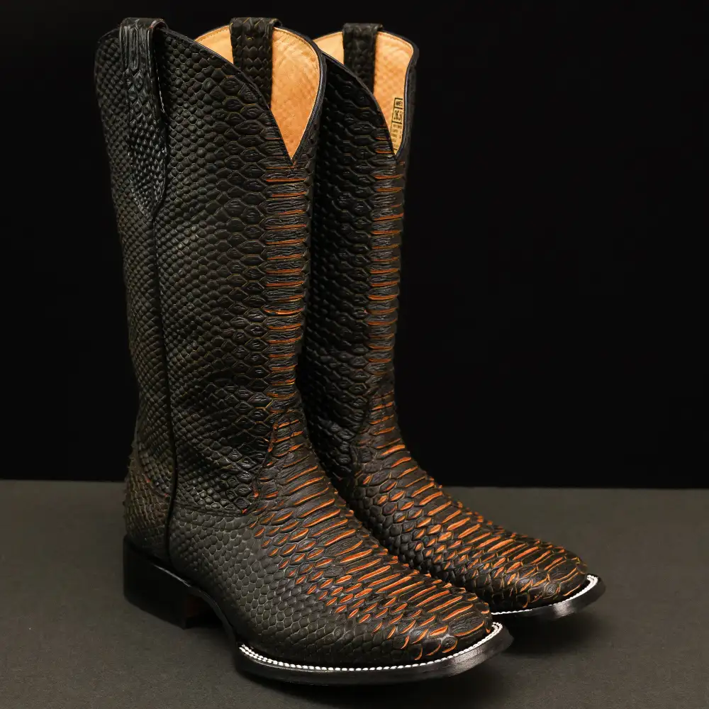 Matte Black Python Leather Boots - Square Toe