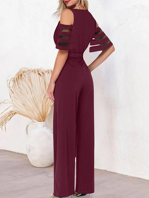 Hollow Mesh Solid Color Tied Waist High Waisted Loose V-Neck Jumpsuits