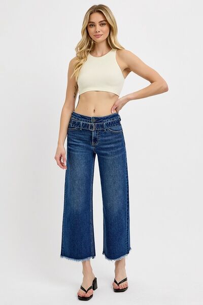 Raw Hem Wide Leg Attached Buckle Jeans