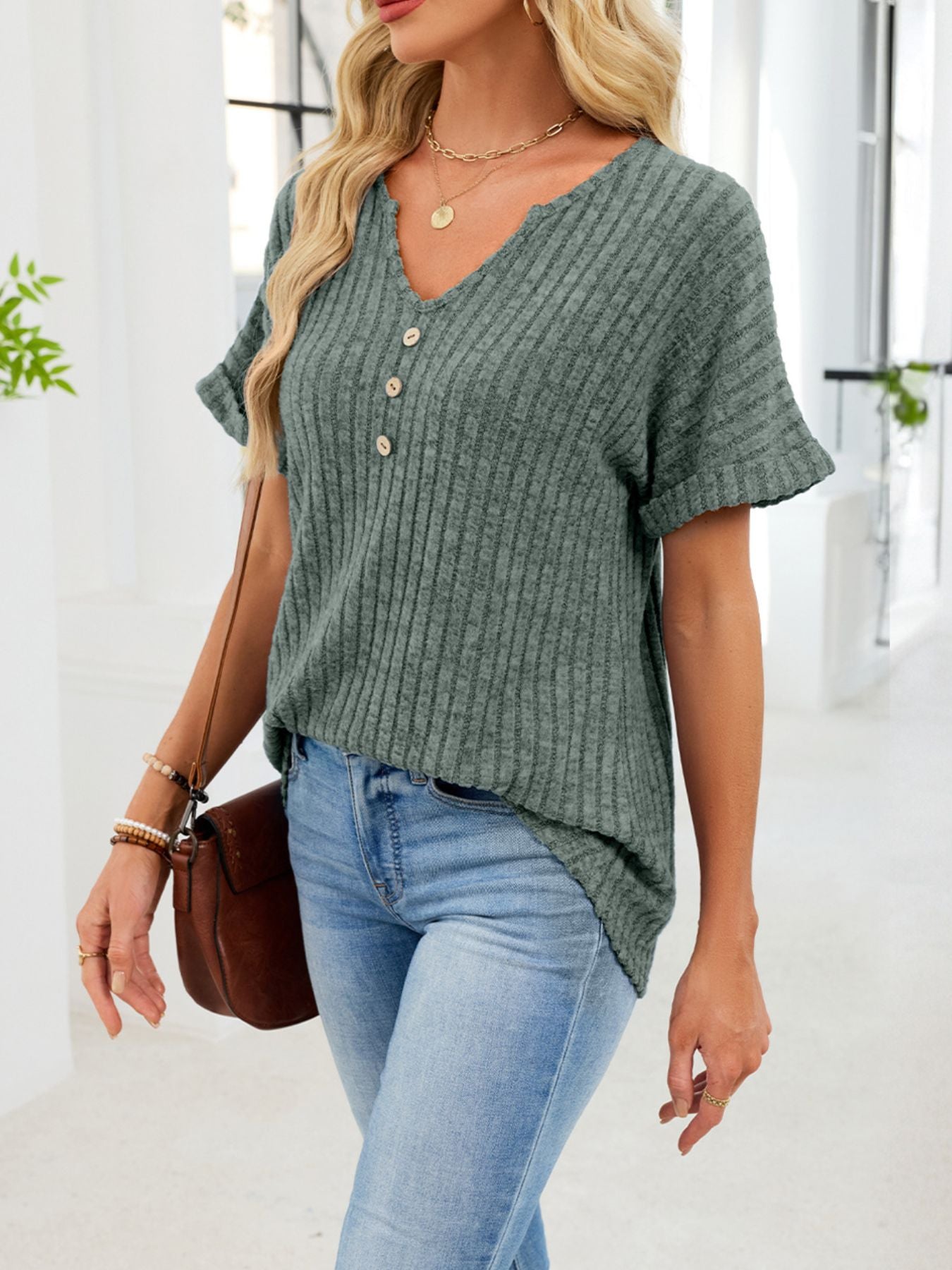 Ribbed Knit Short Sleeve T-Shirt