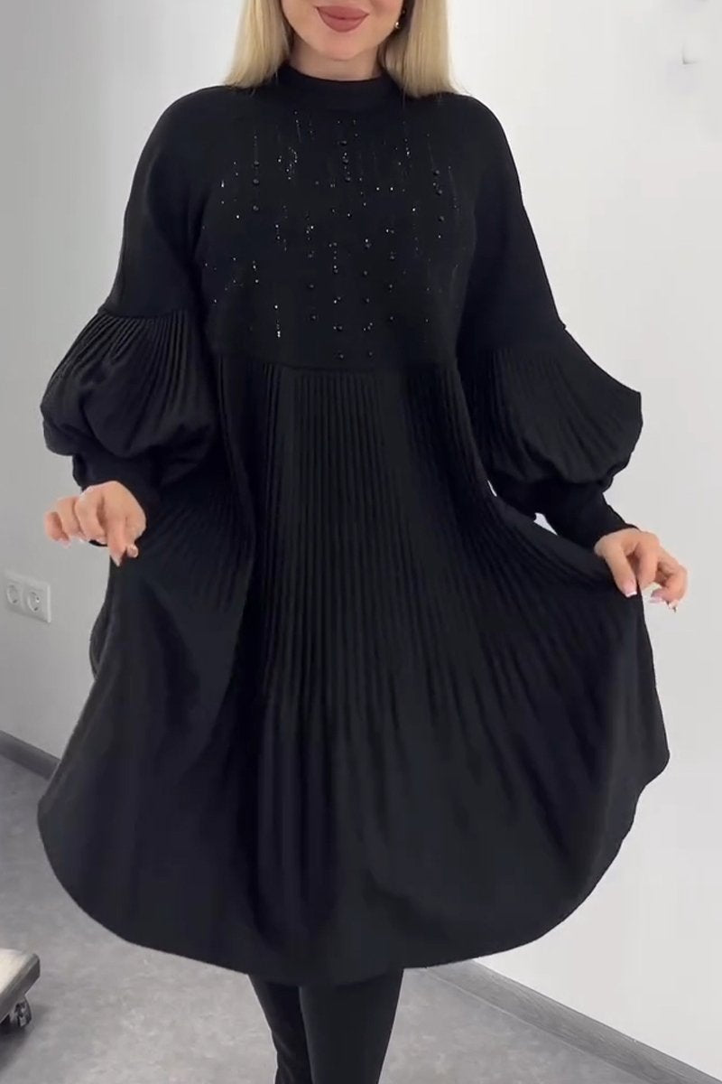 Women's Round Neck Lantern Sleeve Rhinestone Pleated Dress