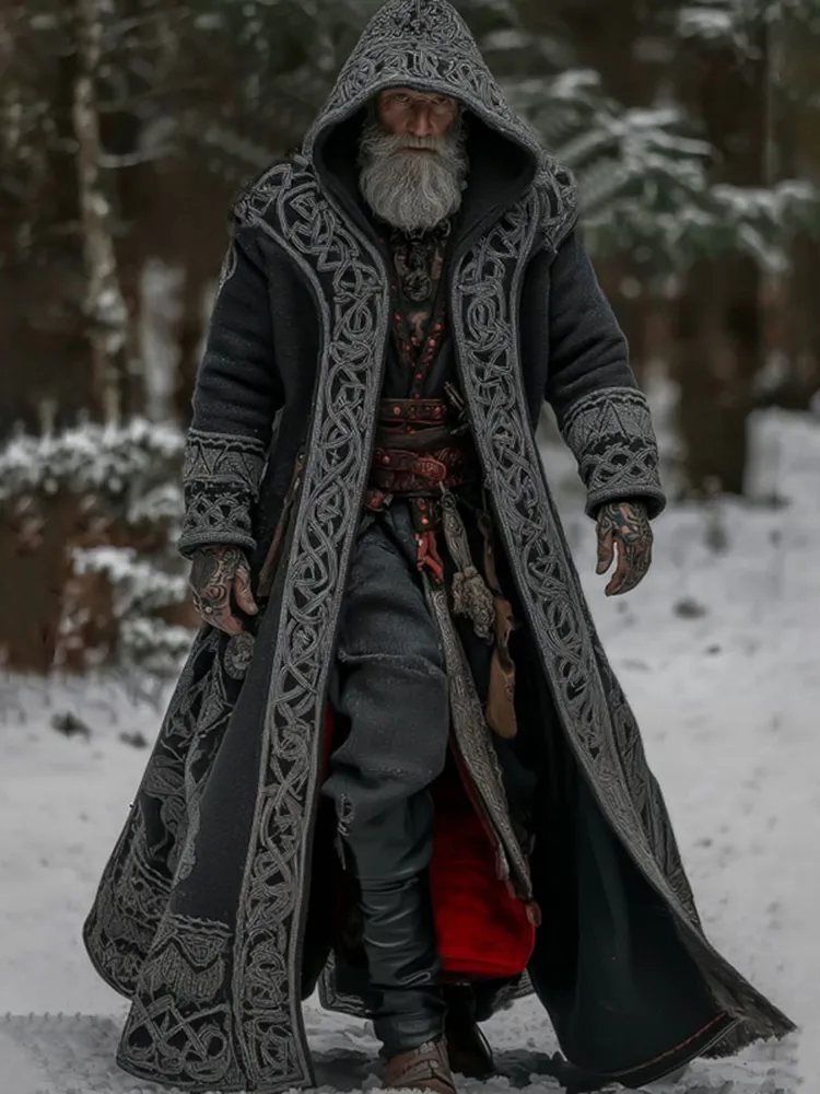 Men's Vintage Viking Celtic Knot Art Pocket Long Cardigan Sweater