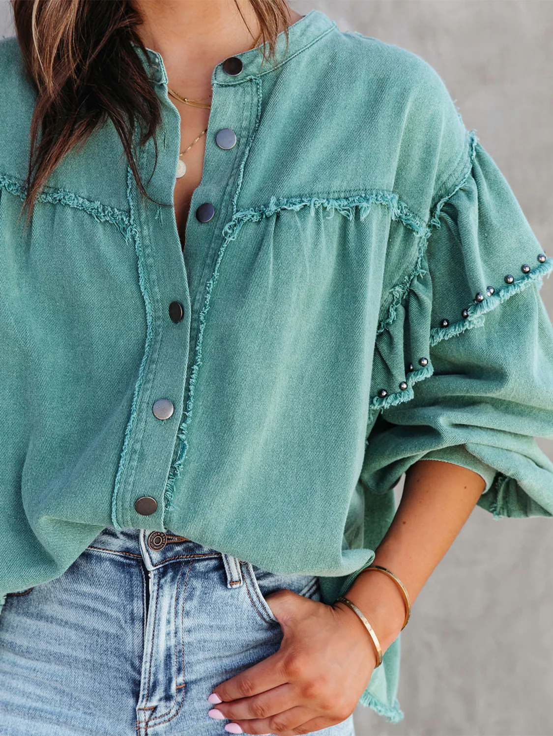 Button Down Raw Hem Studded Denim Jacket
