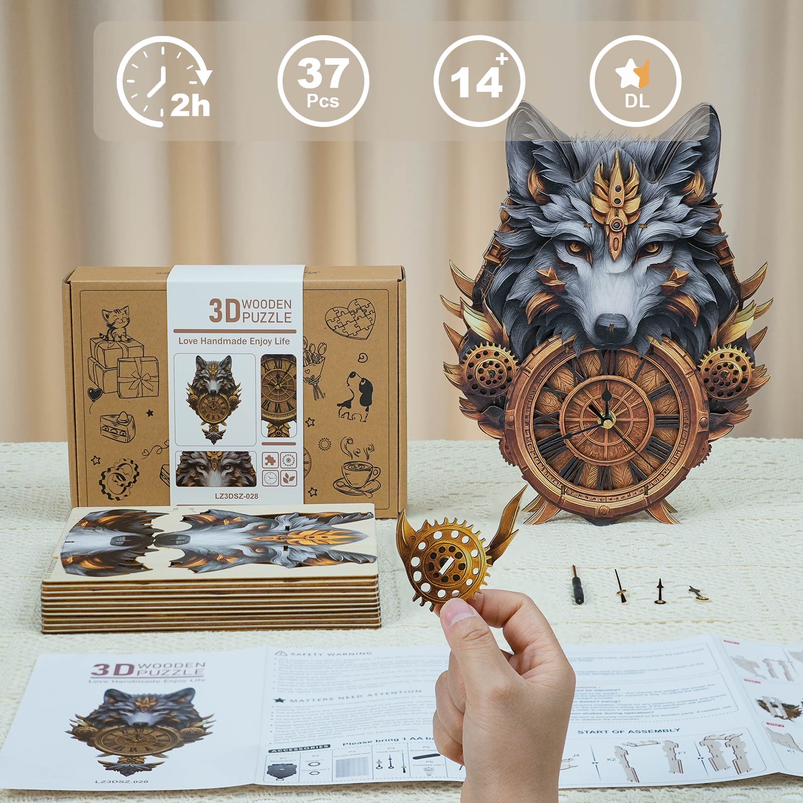 Gray Wolfâ€“ DIY Wooden Clock, 3D Puzzle Craft Kit