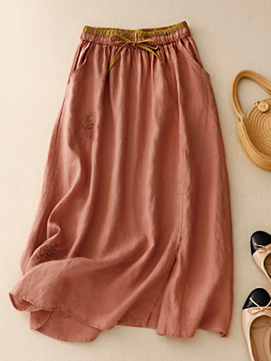 Women's Artistic Embroidery Elastic Waist Colorblock A-Line Loose Linen Skirt