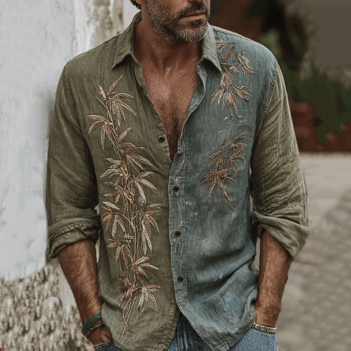 Men's Vintage Bamboo Embroidery Art Contrast Color Long Sleeve Shirt