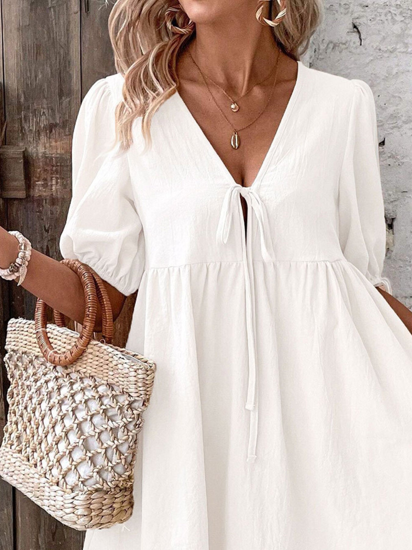 Tie Front Puff Sleeve Mini Dress