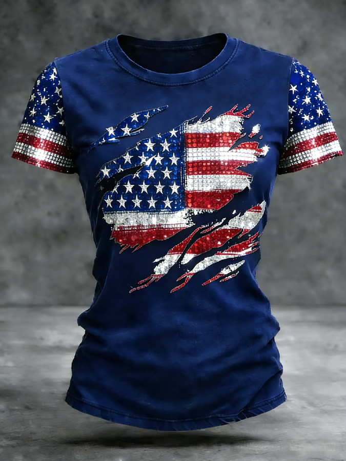 Ladies' 250Th Anniversary Commemorative Printed Round Neck Short Sleeve T-Shirt For American Independence Day