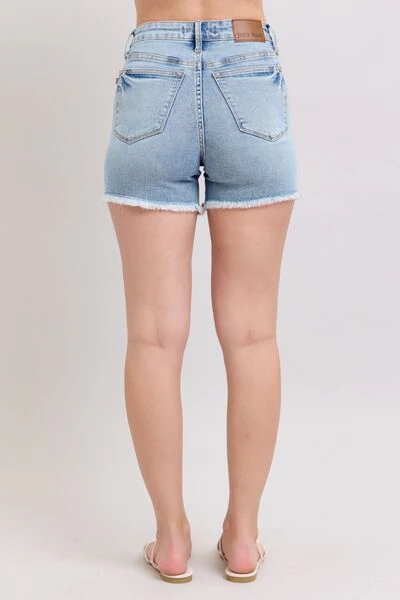 Blue Full Size Tummy Control Raw Hem Denim Shorts