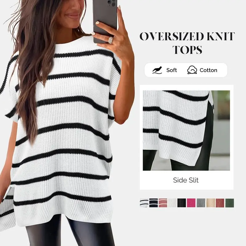 Women’s Crew Neck Short Sleeve Pullover Elegant Solid Color Knitwear
