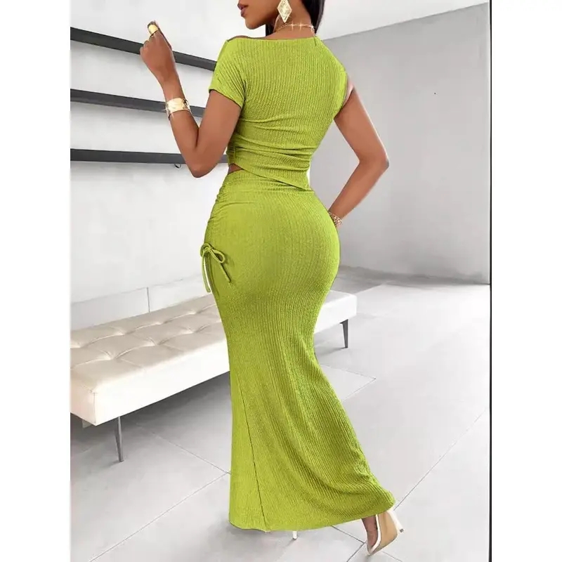 Women's Solid Asymmetrical Neck Hanky Hem Crop Tee & Ruched Drawstring Mermaid Skirt Set, Elegant Fashion Casual Outfits for Daily Outdoor Wear, Ladies Clothes for Summer